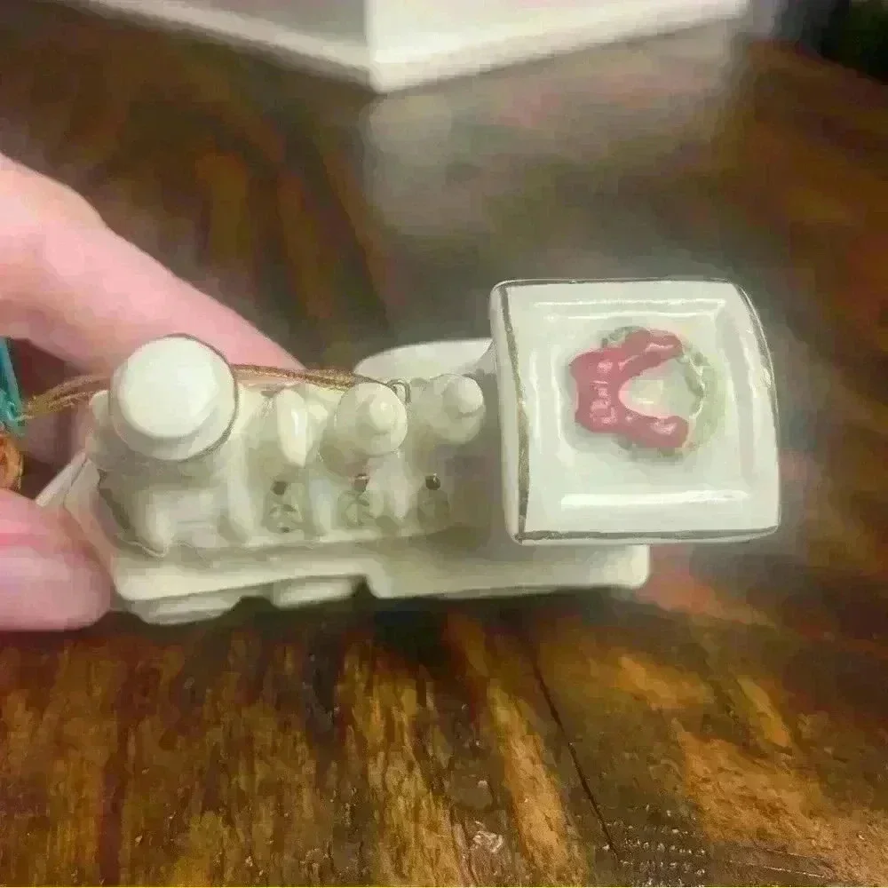 Porcelain Train Ornament, beautiful‎ detailed painted train, with gold trim.